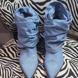 Zara Denim Slouchy Ankle Boots with Pointed Toe Size 10